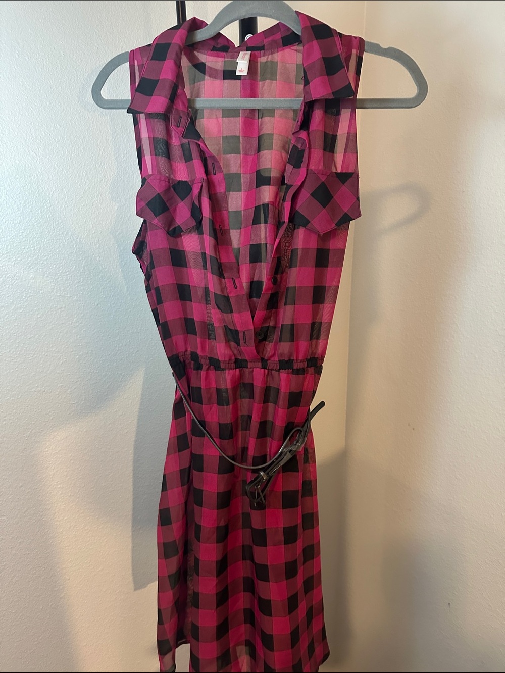 Xhilaration Pink and Black Plaid Sleeveless Midi Shirt Dress with Belt